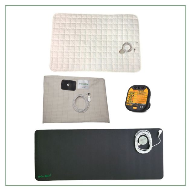 Beige color grounding sheet, one size fits all. Includes earthing mat and socket tester.