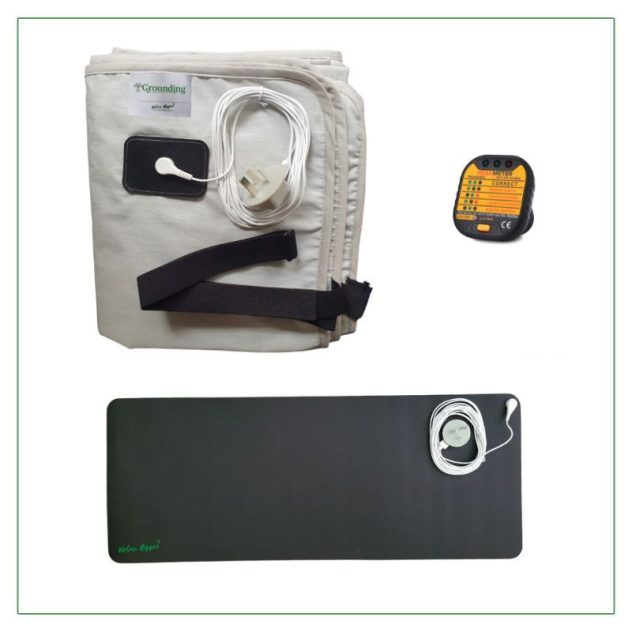 Premium earthing underlay sheet with earthing mat for feet and a socket tester.