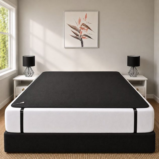 Full-width black grounding bed mat covering the lower half of a beige mattress in a bright modern bedroom with natural window light, dark upholstered bed frame, indoor plant, and neutral minimalist styling.