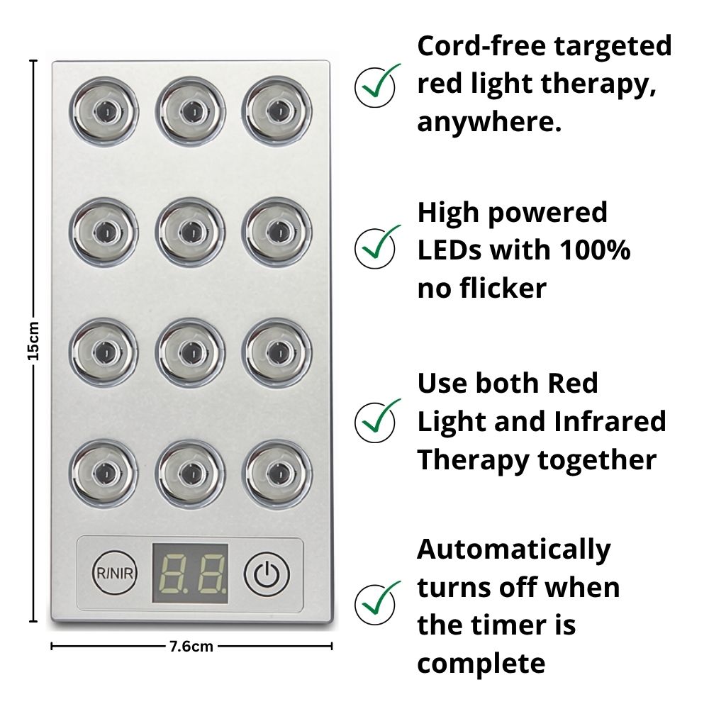 Mini red light therapy panel with portable cord-free design. Mini red light therapy panel with portable cord-free design.