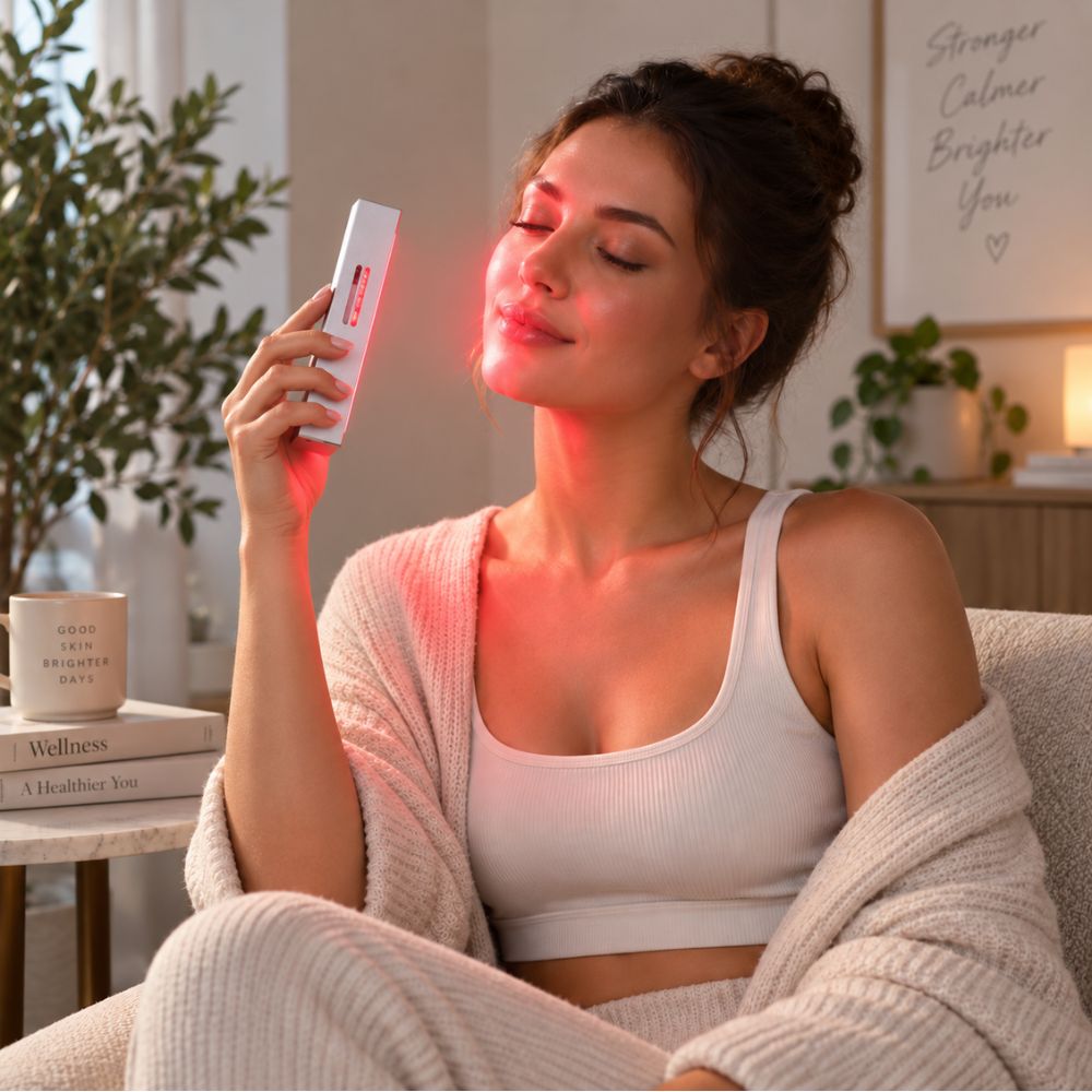 Woman using a portable mini red light therapy panel on her face. Woman using a portable mini red light therapy panel on her face.