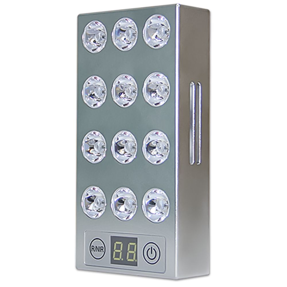Mini red light therapy panel with red and near-infrared LEDs.