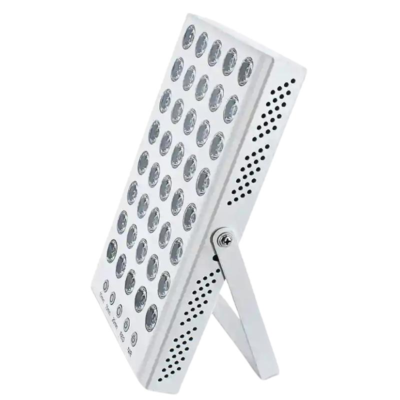 Angled view of portable red light therapy and infrared therapy panel with adjustable stand for daily use. Angled view of portable red light therapy and infrared therapy panel with adjustable stand for daily use.