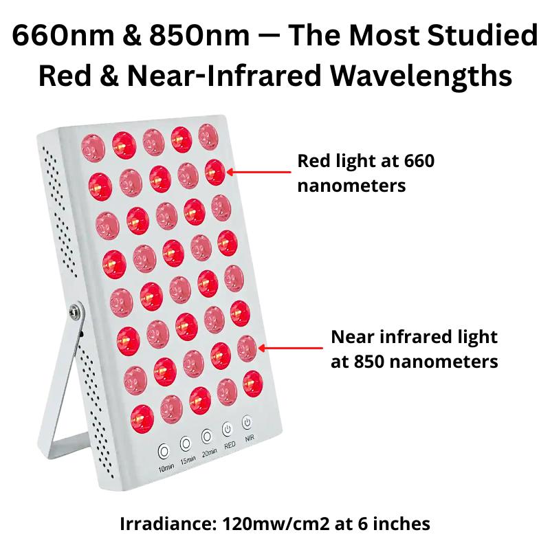 660nm red light therapy and 850nm infrared therapy wavelengths shown on LED panel for skin and muscle recovery. 660nm red light therapy and 850nm infrared therapy wavelengths shown on LED panel for skin and muscle recovery.