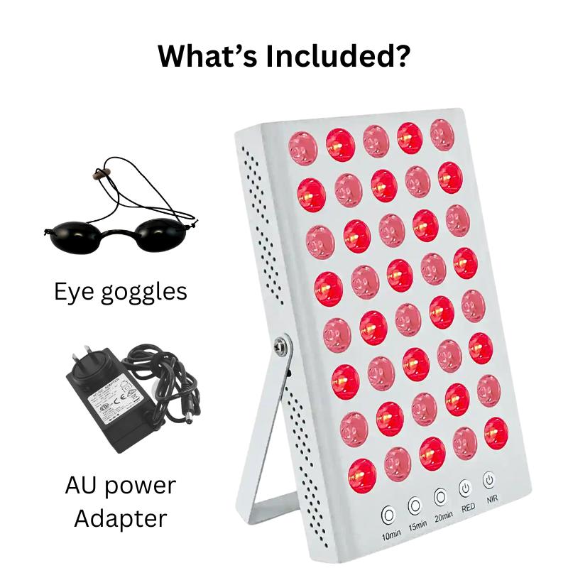 Red light therapy and infrared therapy panel with eye protection glasses and power adapter included for home treatment. Red light therapy and infrared therapy panel with eye protection glasses and power adapter included for home treatment.