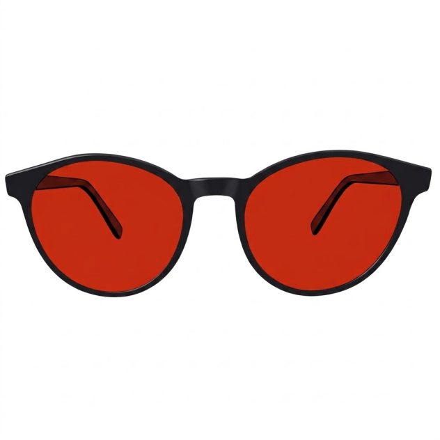 Urban Hippee's red lens blue light blocking glasses front view.