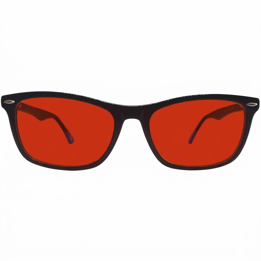 Blue light glasses, red lens for better sleep. Blue light glasses, red lens for better sleep.