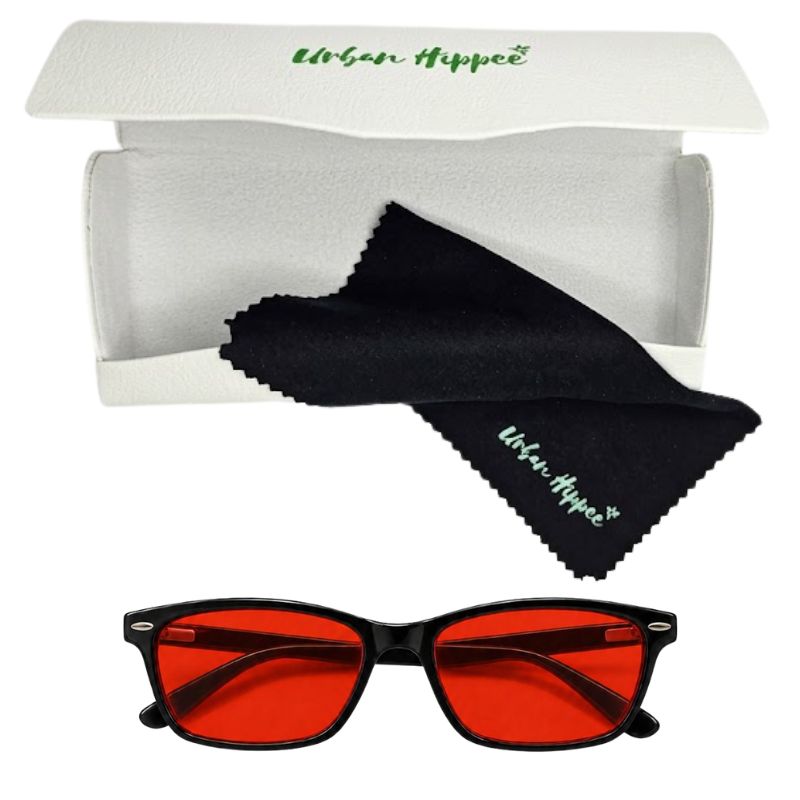 Urban Hippee blue light glasses red lens with case and cloth.