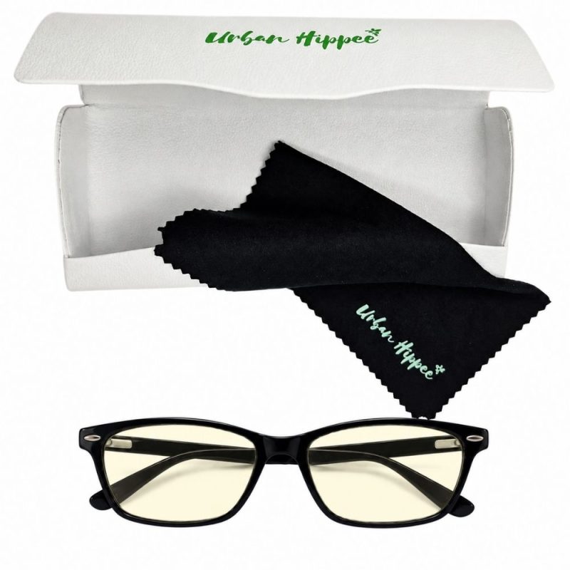 Urban Hippee blue light blocking glasses with case and cloth.