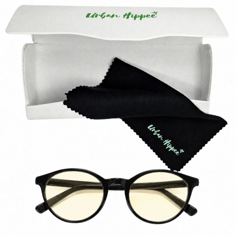 Urban Hippee blue light blocking glasses with case and cloth.