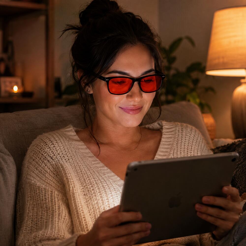 Lady wearing Urban Hippee's blue light glasses with red lens watching her ipad. Lady wearing Urban Hippee's blue light glasses with red lens watching her ipad.