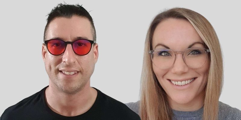 Blue light glasses being worn by man and women.