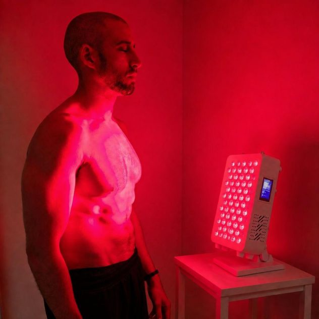 Man using ProX red light therapy panel.