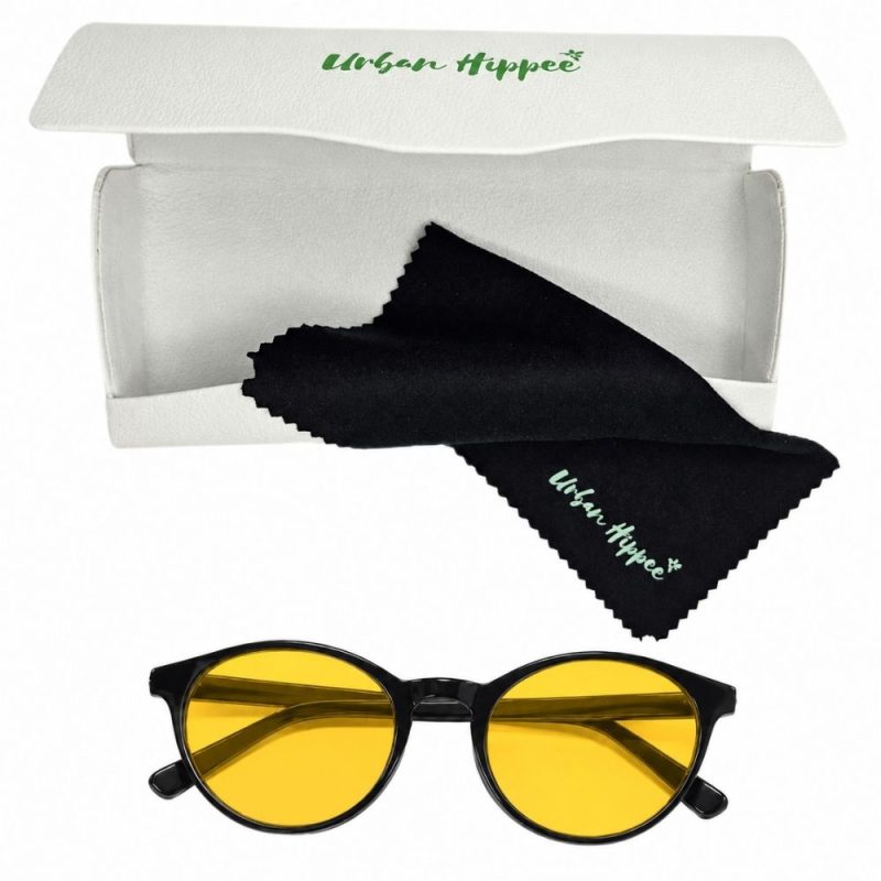 Urban Hippee blue light glasses yellow lens with case and cloth.