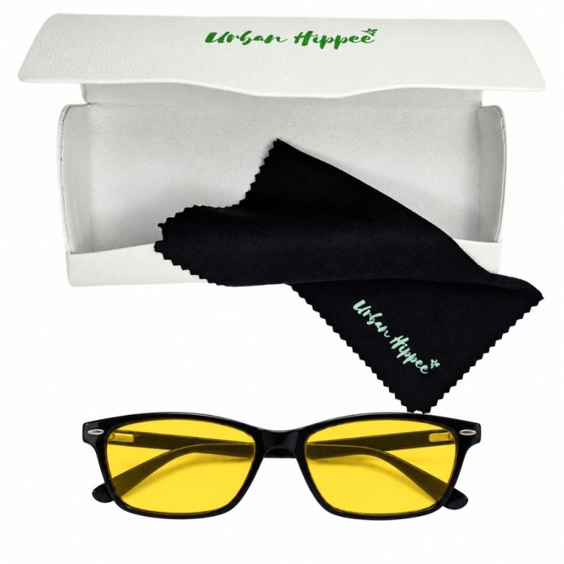 Urban Hippee blue light glasses yellow lens with case and cloth.