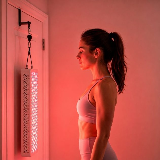 Fit woman standing beside a glowing red light therapy panel in a clean wellness room.