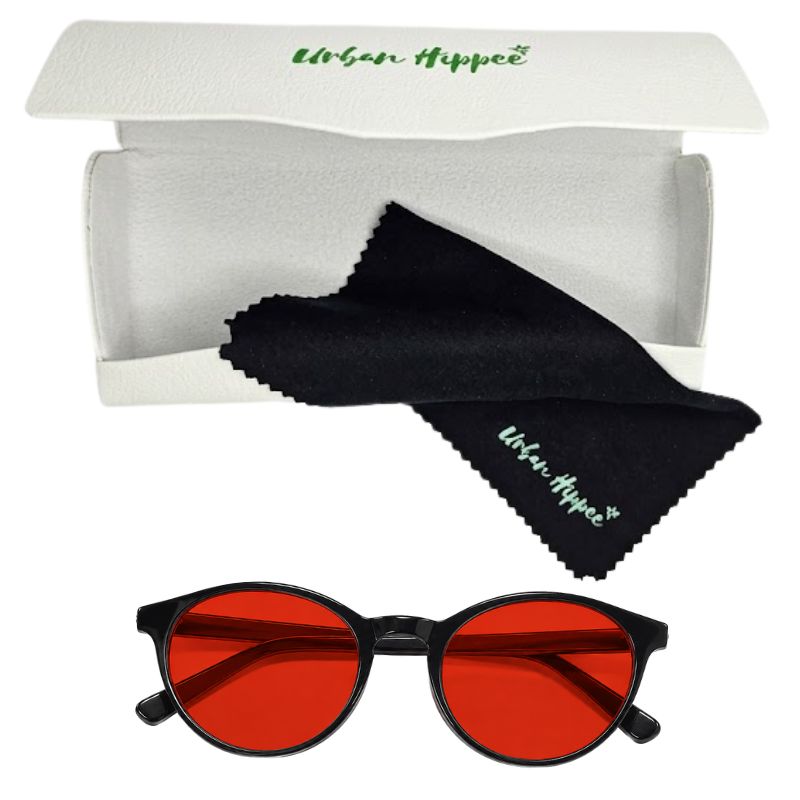 Urban Hippee blue light glasses red lens with case and cloth.