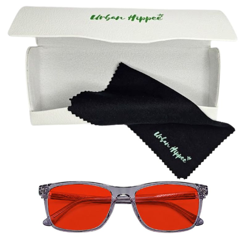 Urban Hippee blue light glasses red lens with case and cloth.