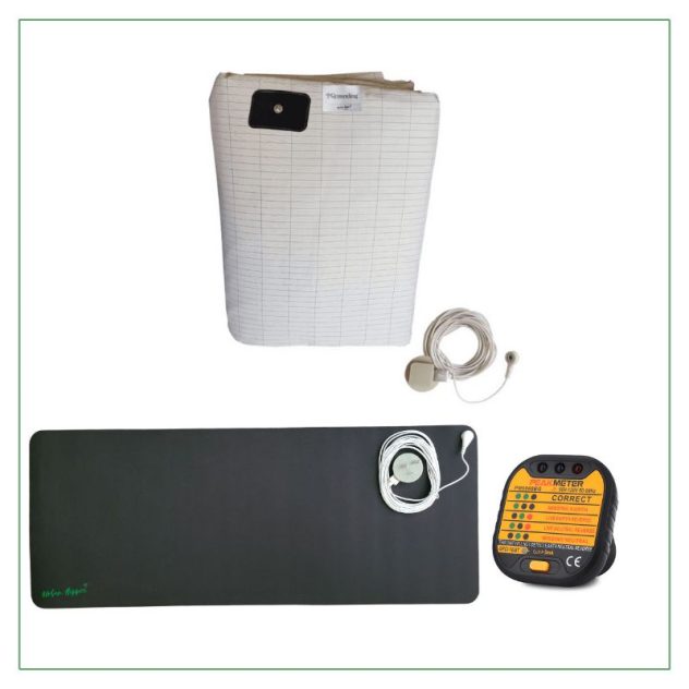 Fitted grounding sheet in beige color starter pack. Includes earthing mat and socket tester.