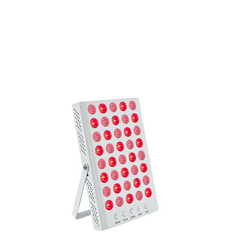 Compact red light therapy and infrared therapy device with multiple LEDs for home wellness and recovery treatments.