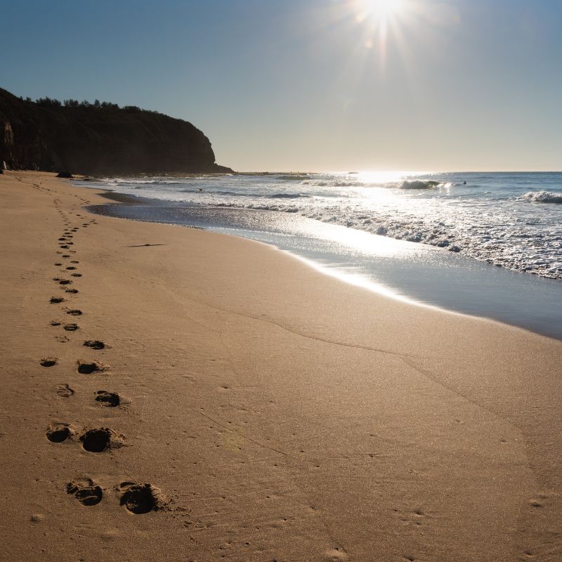 Foot prints on the beach from person grounding their body. 