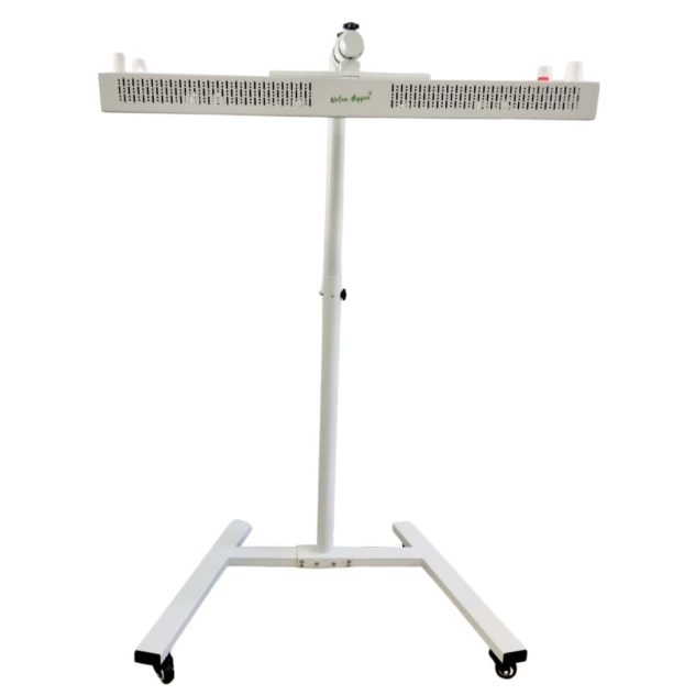 Red light therapy and infrared panel with hozizontal stand, front view.