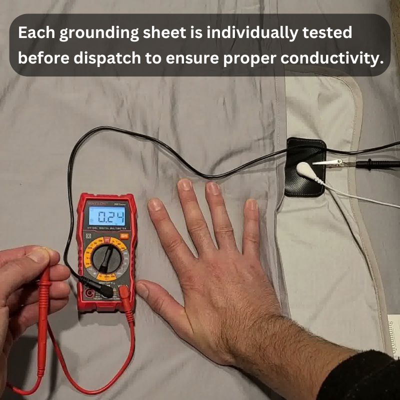 Grounding sheet being tested with a multimeter to confirm proper conductivity before dispatch. Grounding sheet being tested with a multimeter to confirm proper conductivity before dispatch.