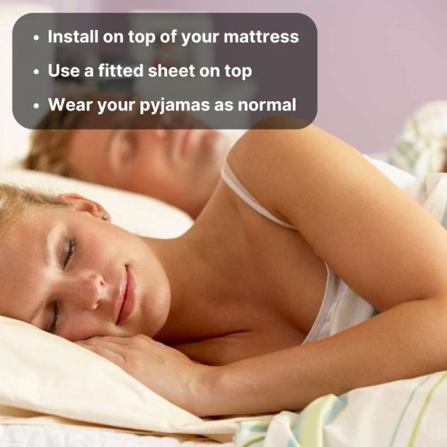 Grounding underlay sheet installed under a fitted sheet so you can sleep grounded while wearing pyjamas.