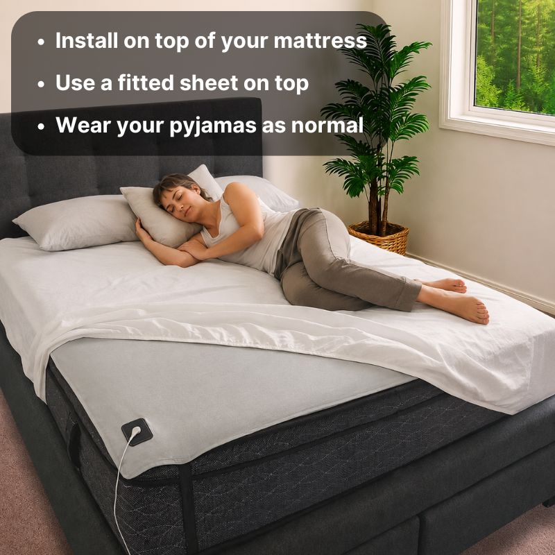 Woman sleeping on grounding underlay sheet with fitted sheet pulled back showing earthing sheet underneath. Woman sleeping on grounding underlay sheet with fitted sheet pulled back showing earthing sheet underneath.