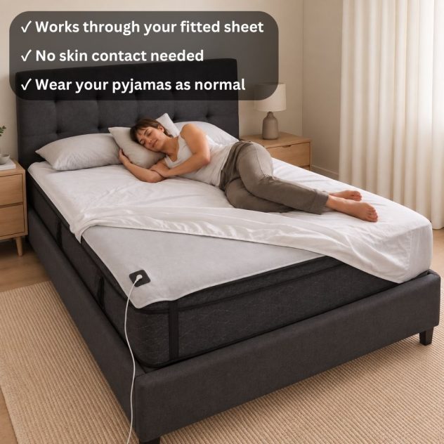 Woman sleeping on underlay grounding sheet with fitted sheet pulled back showing earthing sheet underneath.