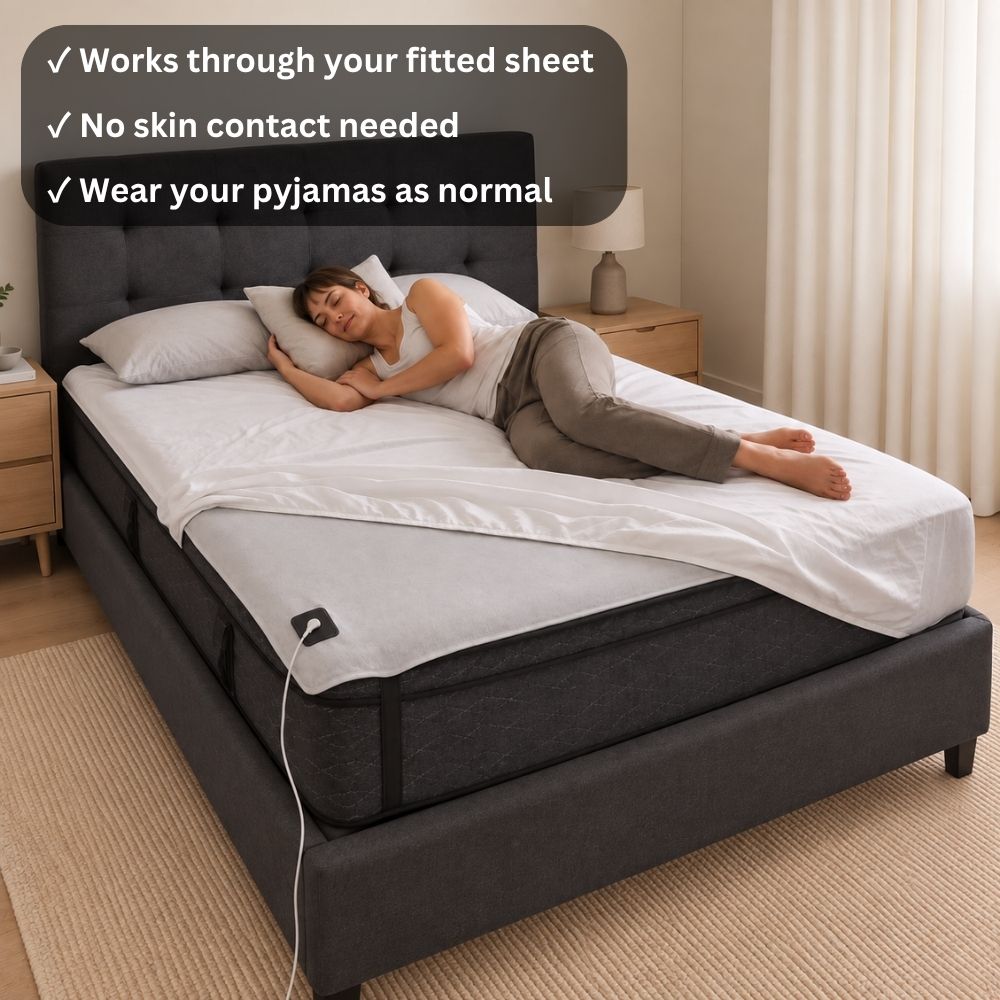 Woman sleeping on underlay grounding sheet with fitted sheet pulled back showing earthing sheet underneath. Woman sleeping on underlay grounding sheet with fitted sheet pulled back showing earthing sheet underneath.