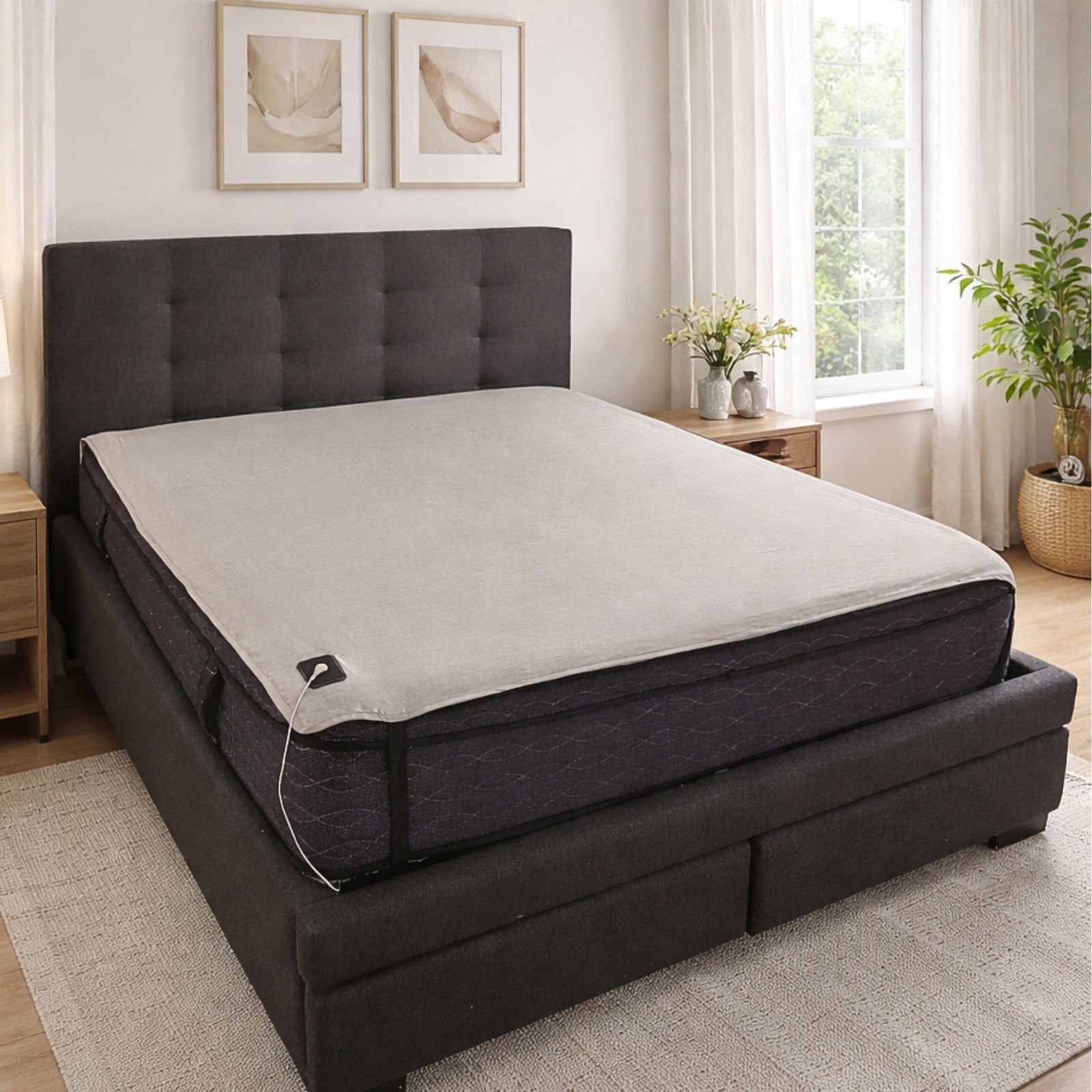 Grounding sheet underlay shown under fitted sheet for earthing while sleeping. Grounding sheet underlay shown under fitted sheet for earthing while sleeping.