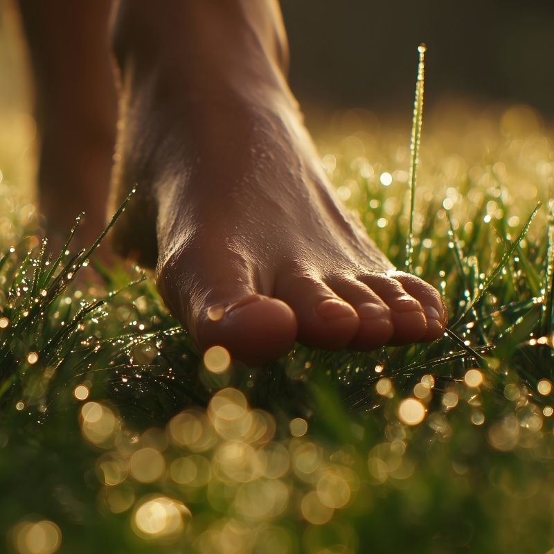 Person walking barefoot on the earth for grounding and earthing health benefits.