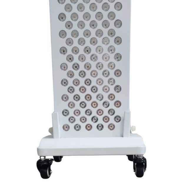 Red light therapy and infrared panel mounted on heavy-duty MultiWave floor stand with caster wheels.