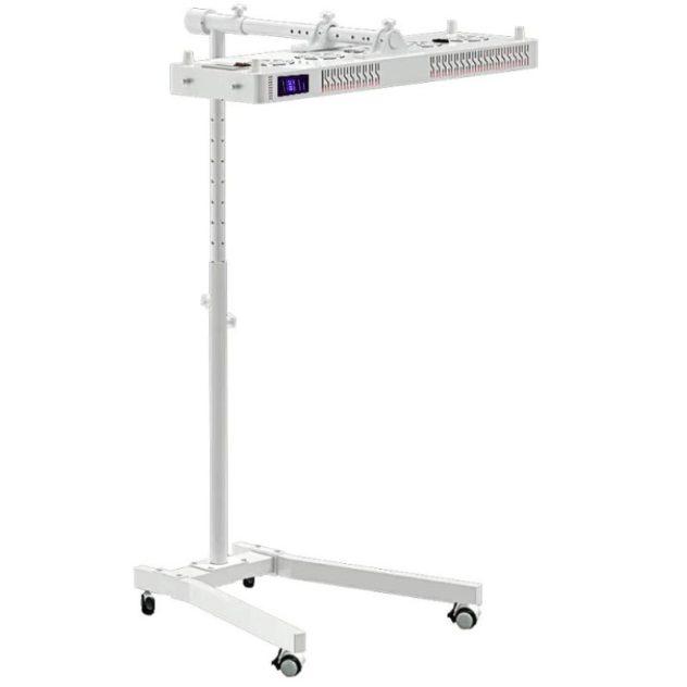 Red light therapy panel mounted horizontally on rotating stand.