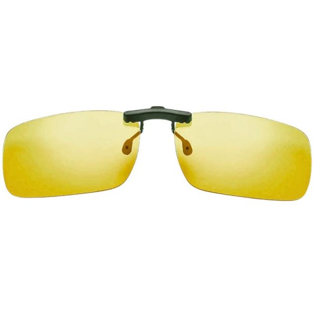 Yellow lens blue light blocking clip-on glasses front view close-up.