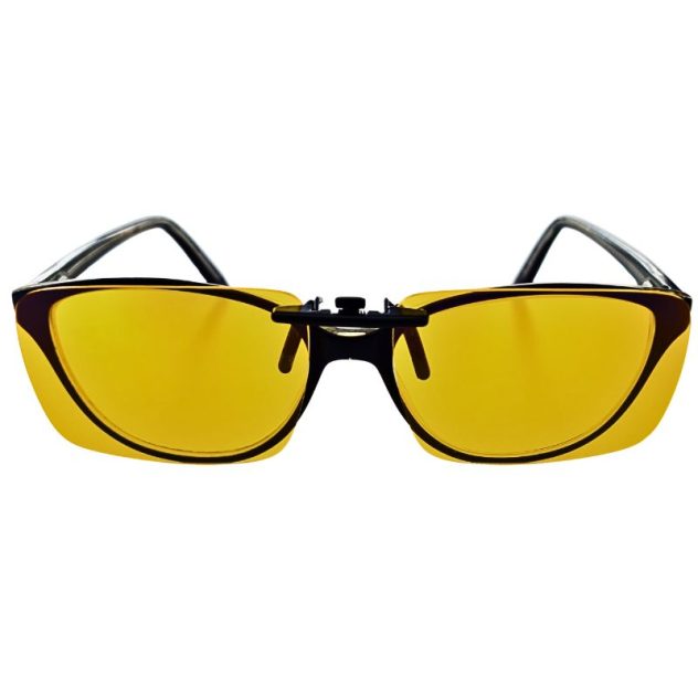 Clip on blue light glasses with yellow lens and will fit any glasses frame.