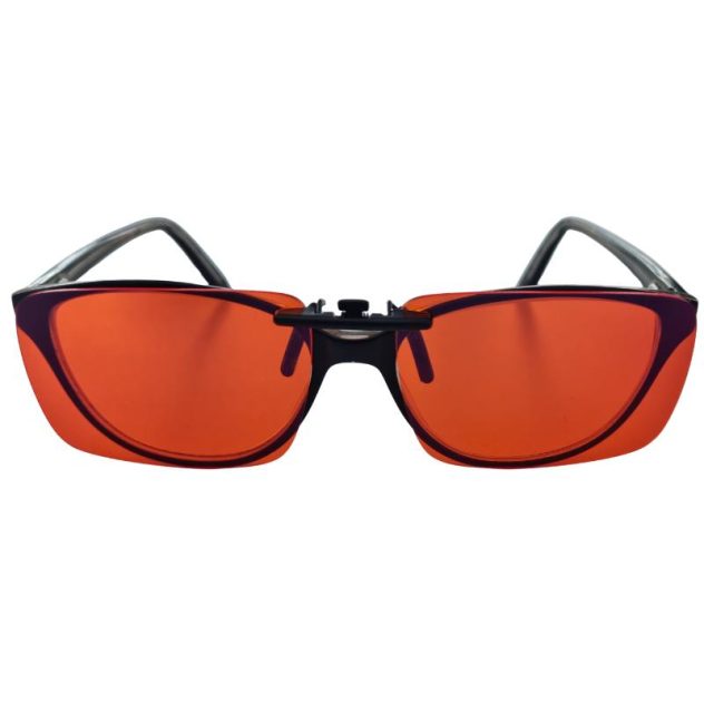 Red lens 100% blue light blocking clip-on glasses front view attached to frames.