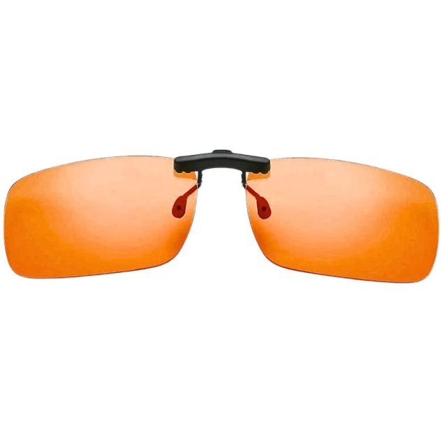 Amber lens blue light blocking clip-on glasses front view close-up.