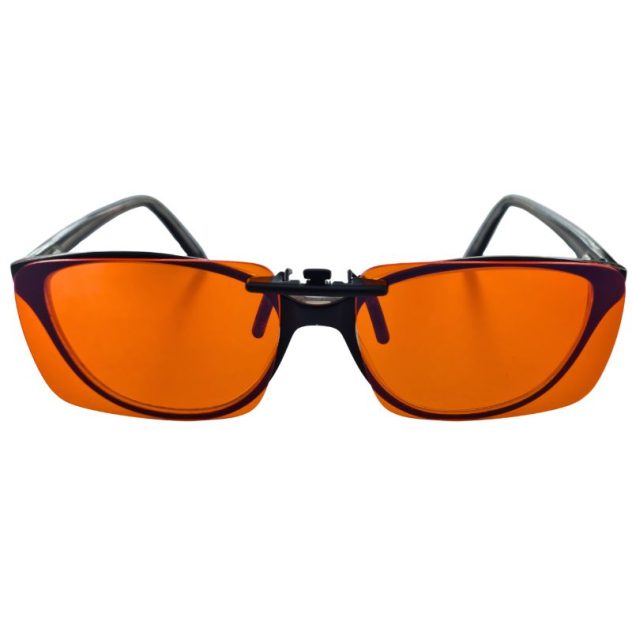Amber lens blue light blocking clip-on glasses front view attached to frames.