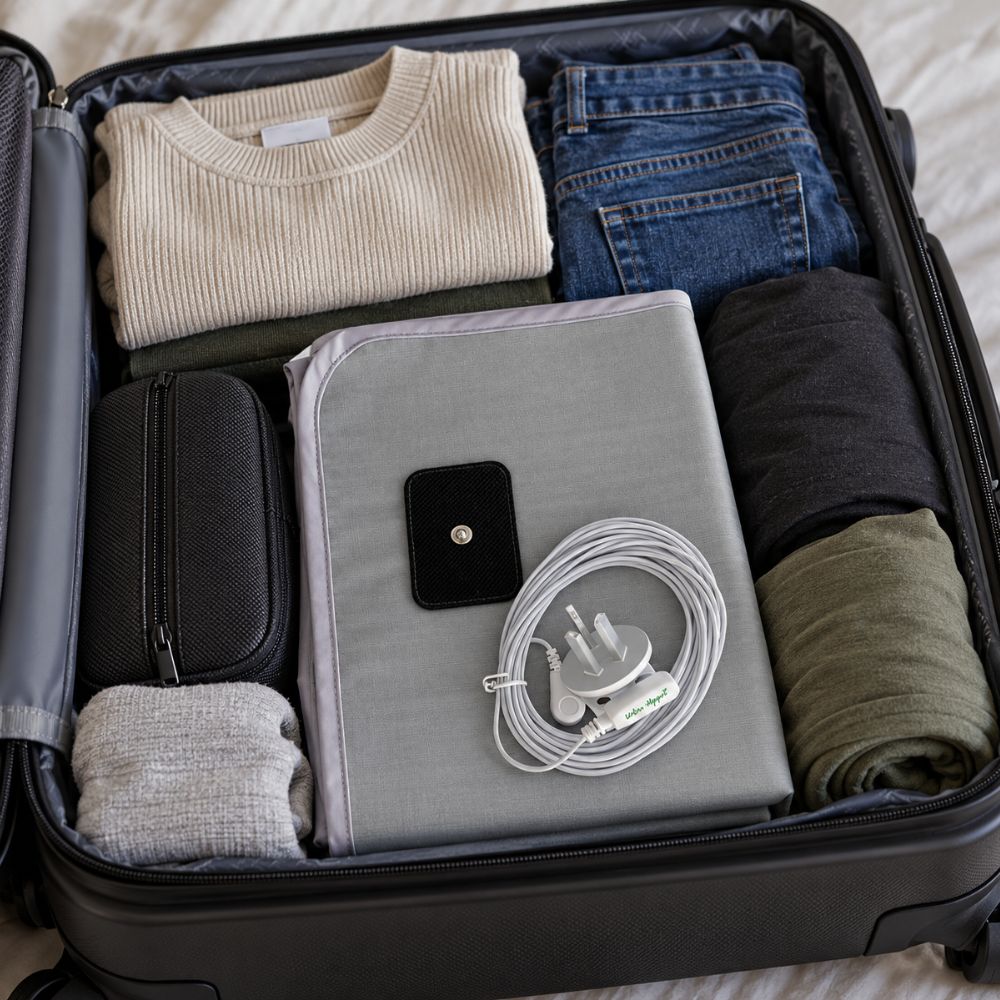 Compact grounding mat packed in a suitcase for travel. Compact grounding mat packed in a suitcase for travel.
