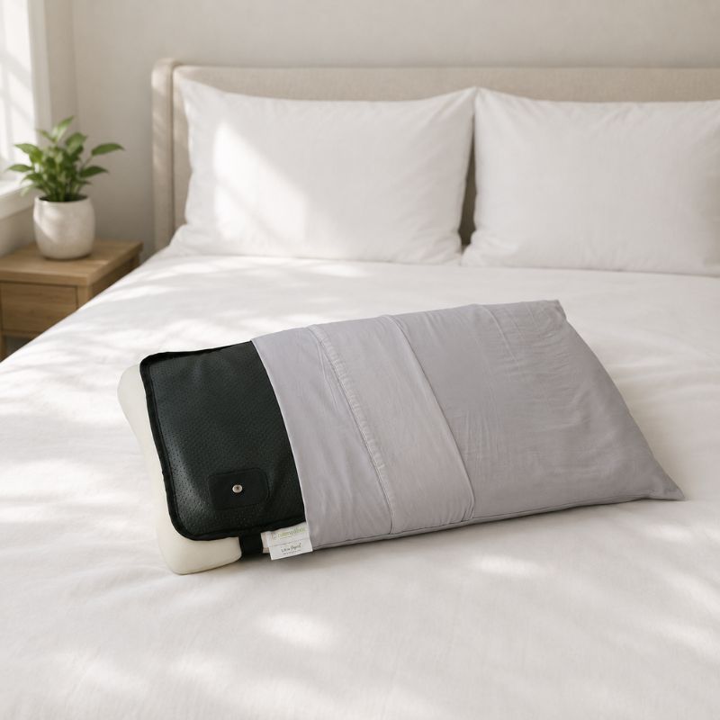 Grounding pillow cover laying on a white bed with soft natural light in a modern minimalist bedroom setting Grounding pillow cover laying on a white bed with soft natural light in a modern minimalist bedroom setting