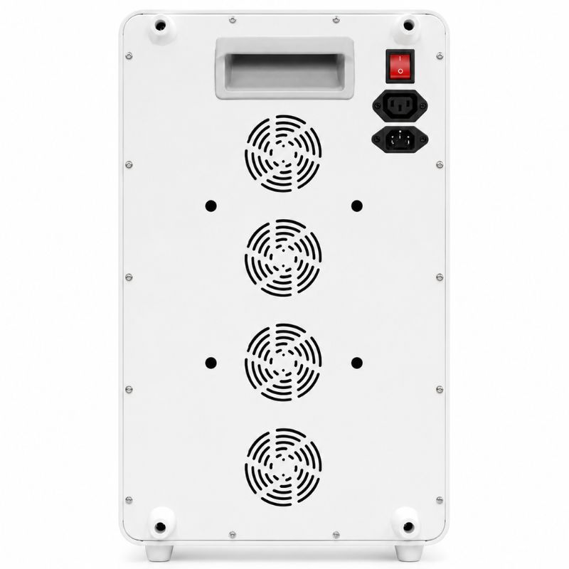 Rear view of red light therapy panel showing cooling fans and control screen Rear view of red light therapy panel showing cooling fans and control screen