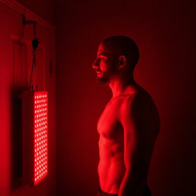 Man using red light therapy panel hanging from door.