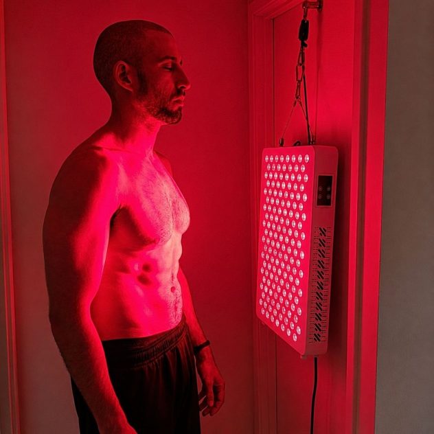 Man using ProX red light therapy panel.