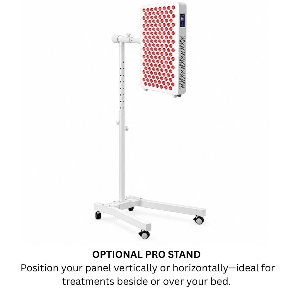 Optional Pro Stand holding a red light therapy panel vertically for use beside or over a bed. Optional Pro Stand holding a red light therapy panel vertically for use beside or over a bed.