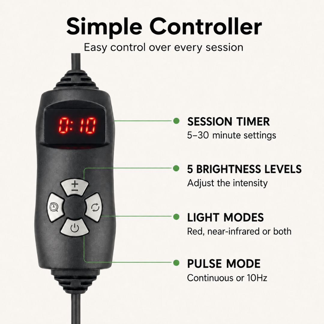 Simple controller for the RecoveryBelt red light therapy belt with timer and light settings. Simple controller for the RecoveryBelt red light therapy belt with timer and light settings.