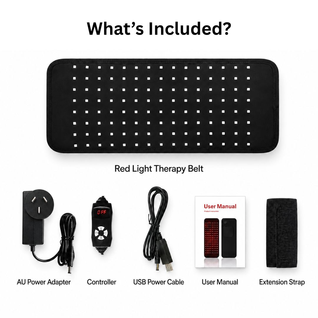 What’s included with the RecoveryBelt red light therapy belt. What’s included with the RecoveryBelt red light therapy belt.