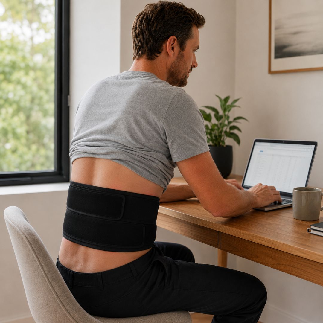 Woman using the RecoveryBelt red light therapy belt on her lower back while sitting at a desk. Woman using the RecoveryBelt red light therapy belt on her lower back while sitting at a desk.