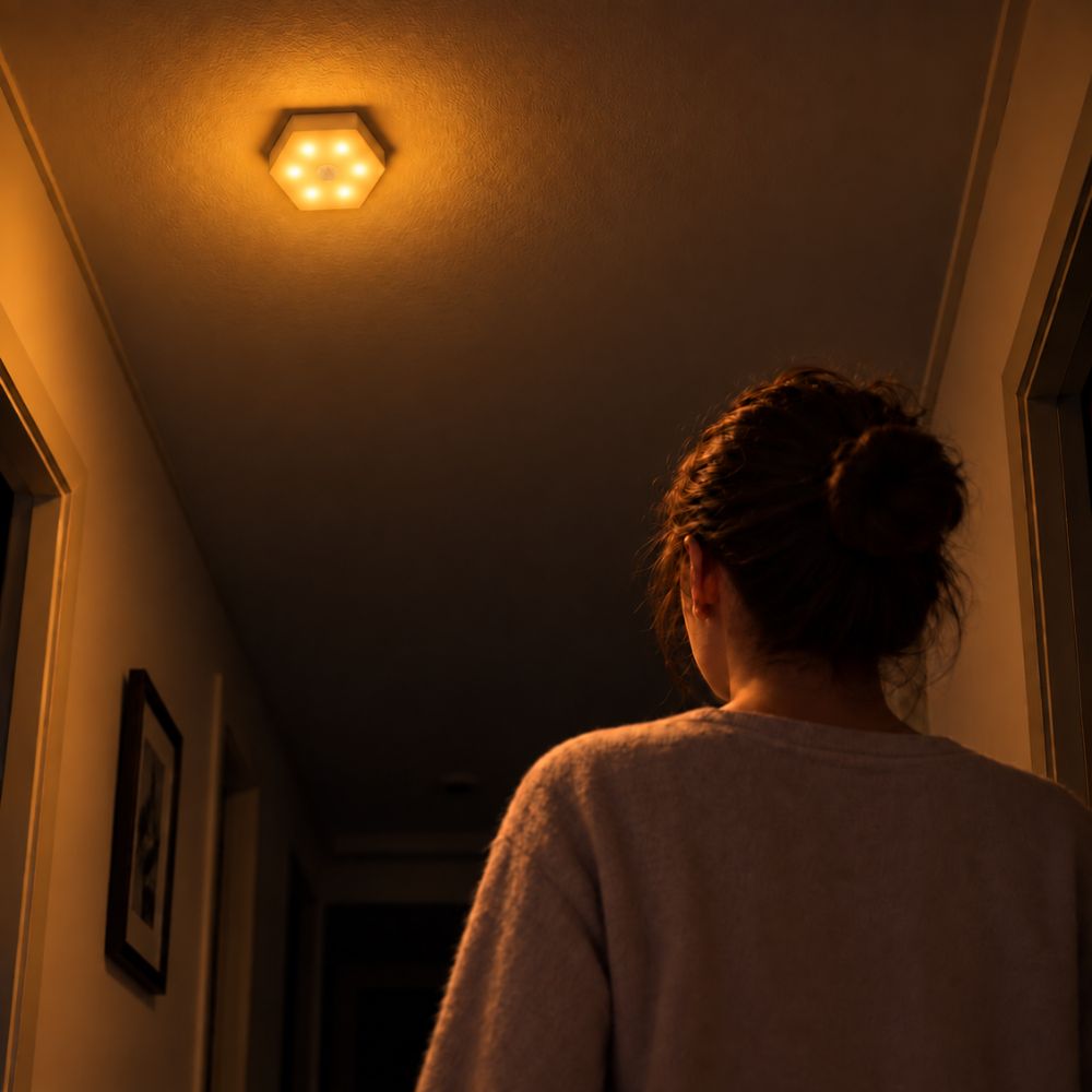 SleepGlow amber motion light mounted on the ceiling as a compact downlight. SleepGlow amber motion light mounted on the ceiling as a compact downlight.